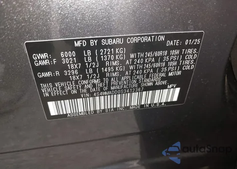 2025 Subaru Ascent Premium 7-Passenger из США, поврежденный, VIN 4S4WMADD0S3412367